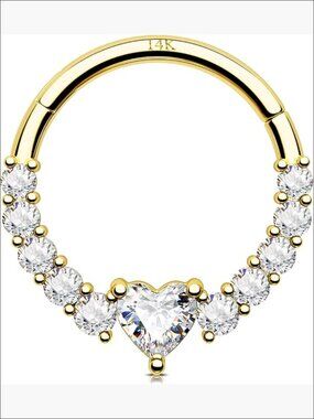 14K Gold Heart Septum Ring Hinged Segment Clicker 16g Cartilage Hoop Earring CZ